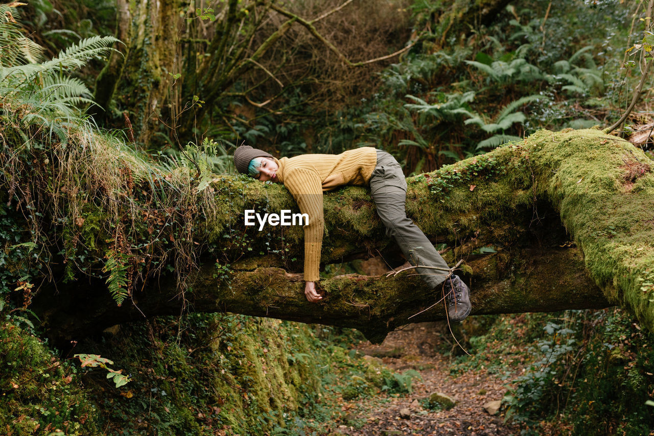 Side view of female explorer lying on tree trunk and having break during trekking in mossy forest