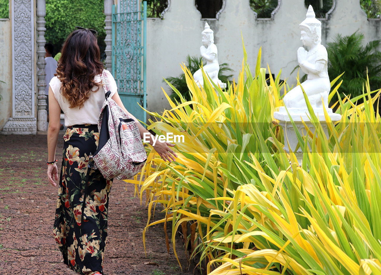 Rear view of woman walking by plants