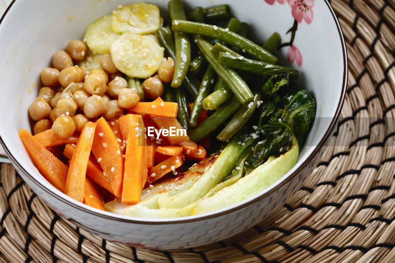 HIGH ANGLE VIEW OF VEGETABLES IN CONTAINER ON TABLE