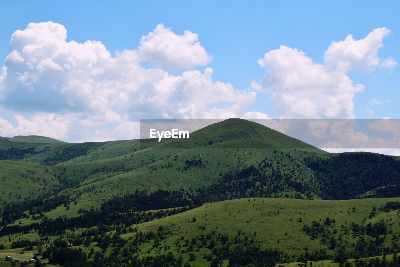 SCENIC VIEW OF GREEN LANDSCAPE AND MOUNTAINS AGAINST SKY