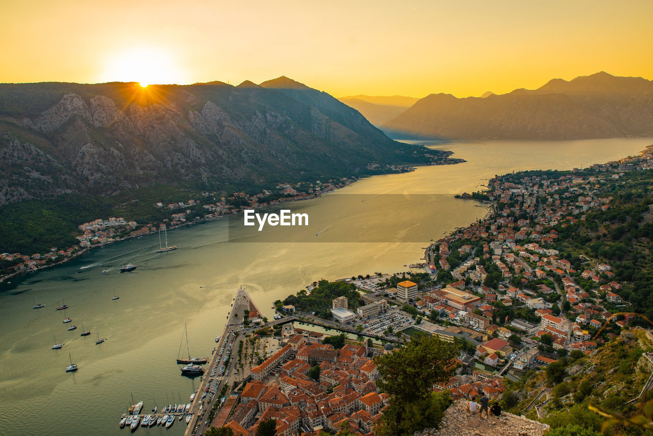 Aerial view of kotor town on sunset. summer time vacation