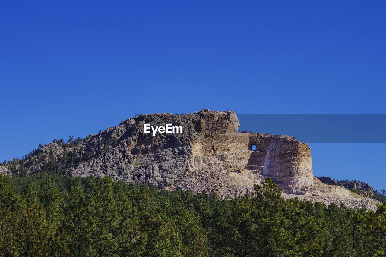 Low angle view of rock formations against clear blue sky