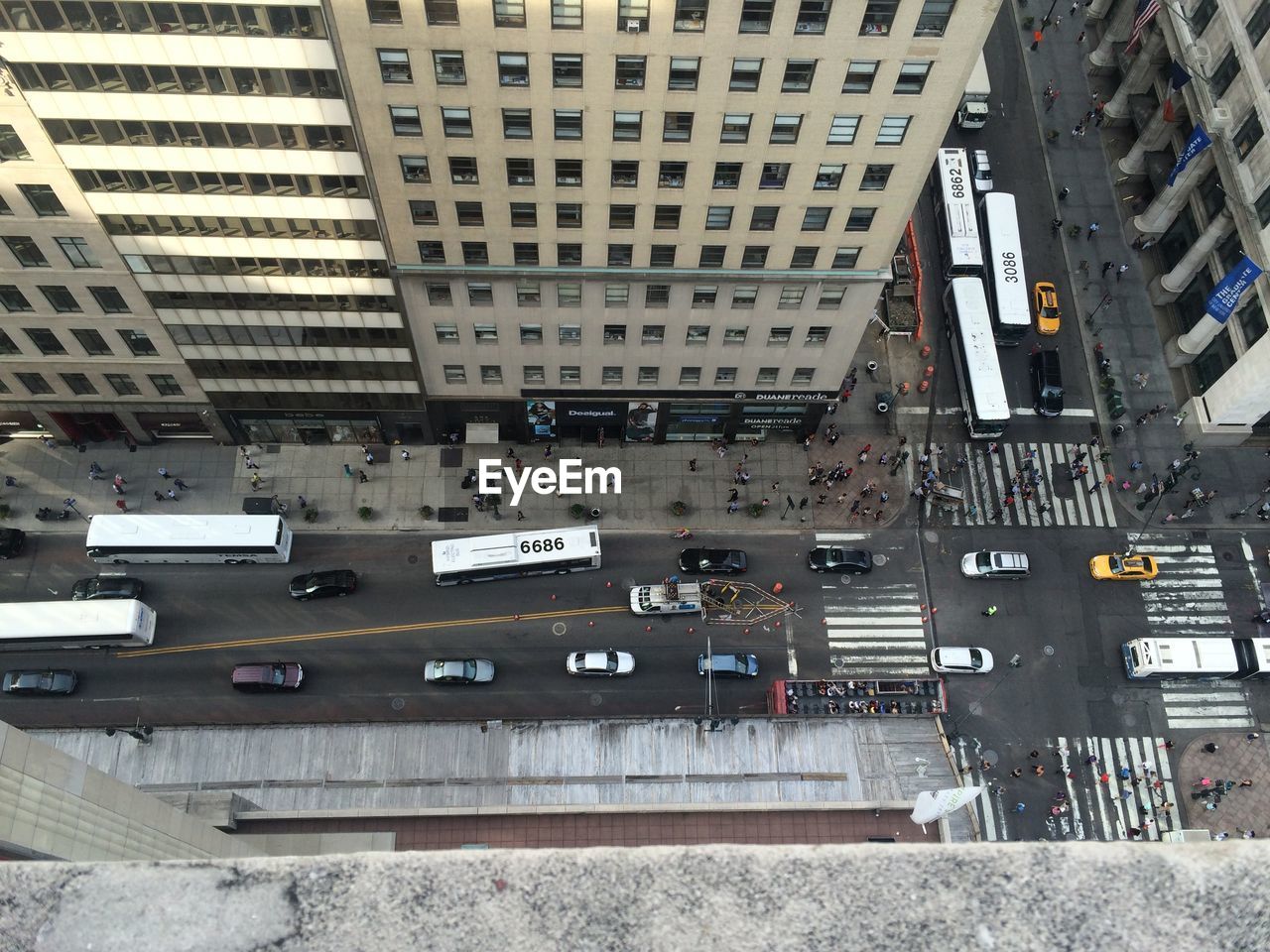 High angle view of buildings with traffic on street