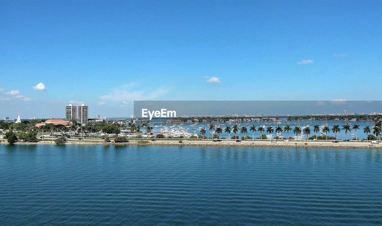 Miami waterfront against blue sky