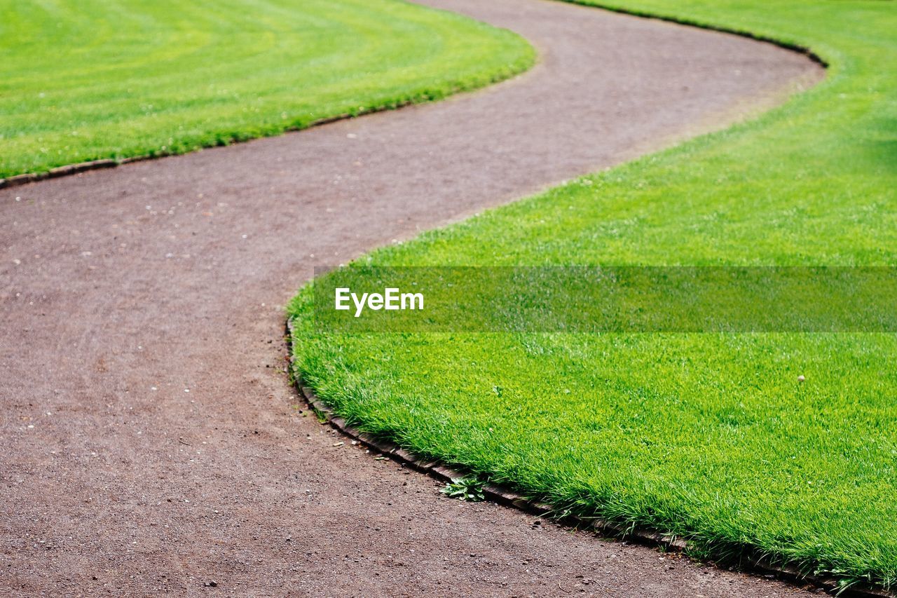 High angle view of pathway amidst grassy field