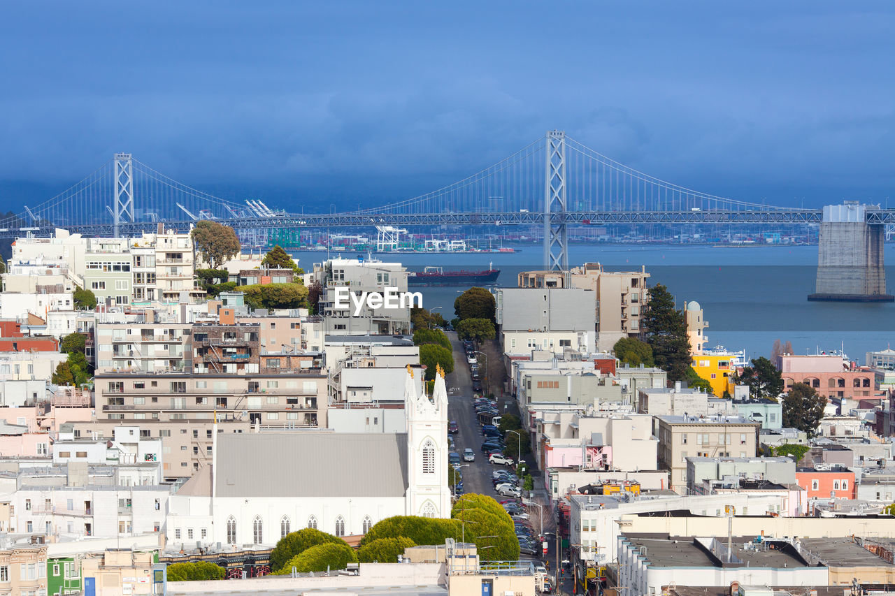 North beach district and san francisco-oakland bay bridge, san francisco, california, usa