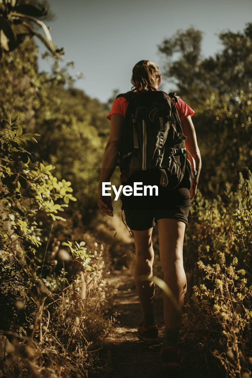 Woman with backpack trekking on path of mountain at sierra de hornachuelos, cordoba, spain