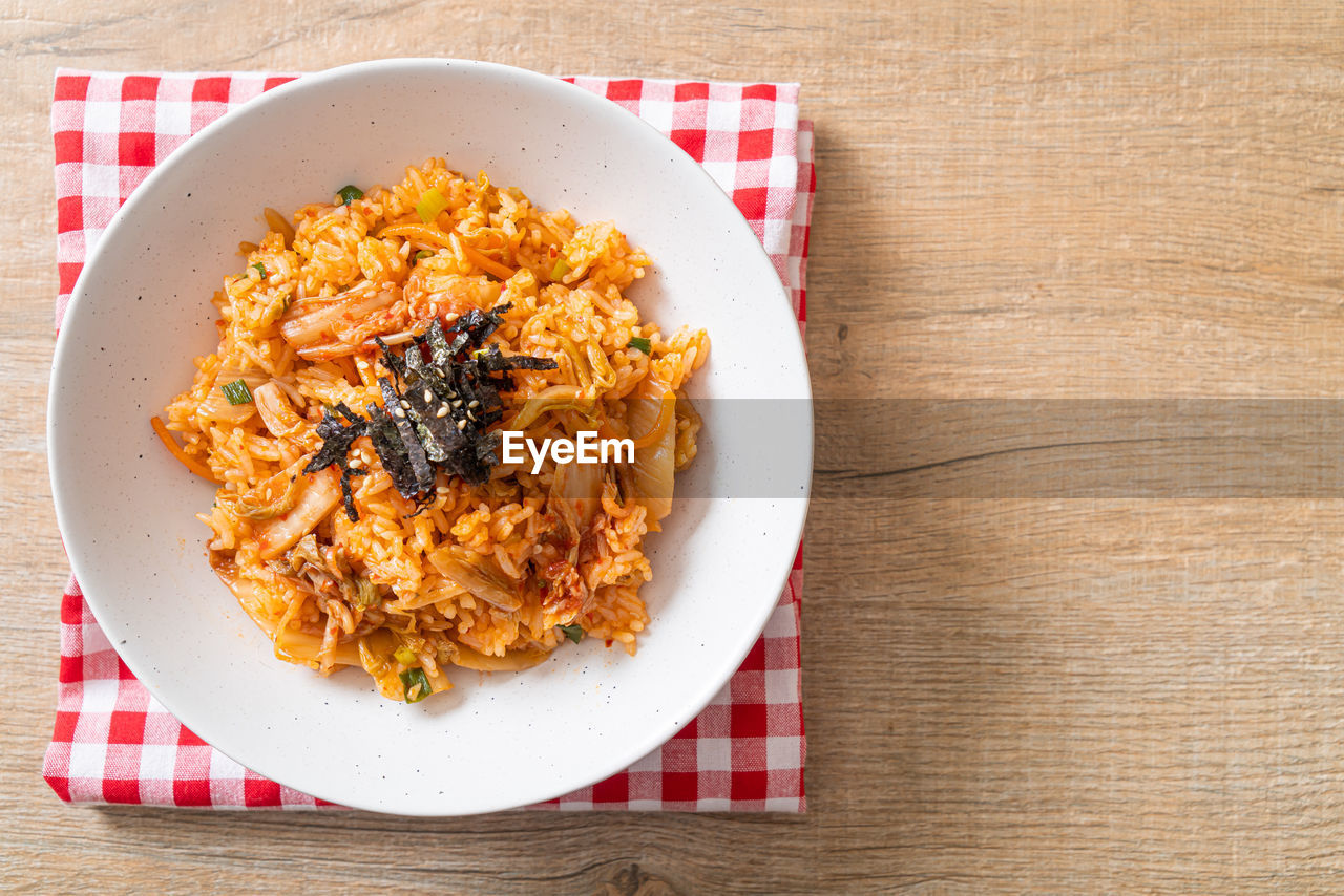 high angle view of food served in plate on table