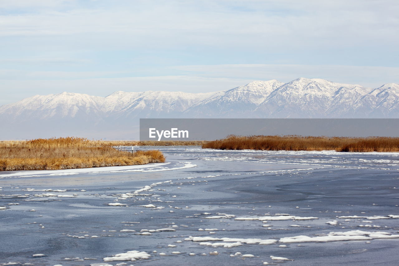 Scenic view of snowcapped mountains against sky