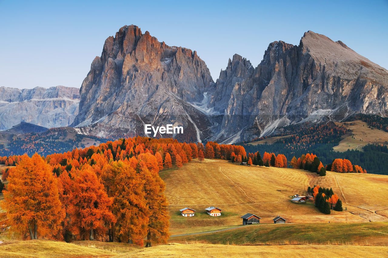 Scenic view of rock formations against clear sky during autumn