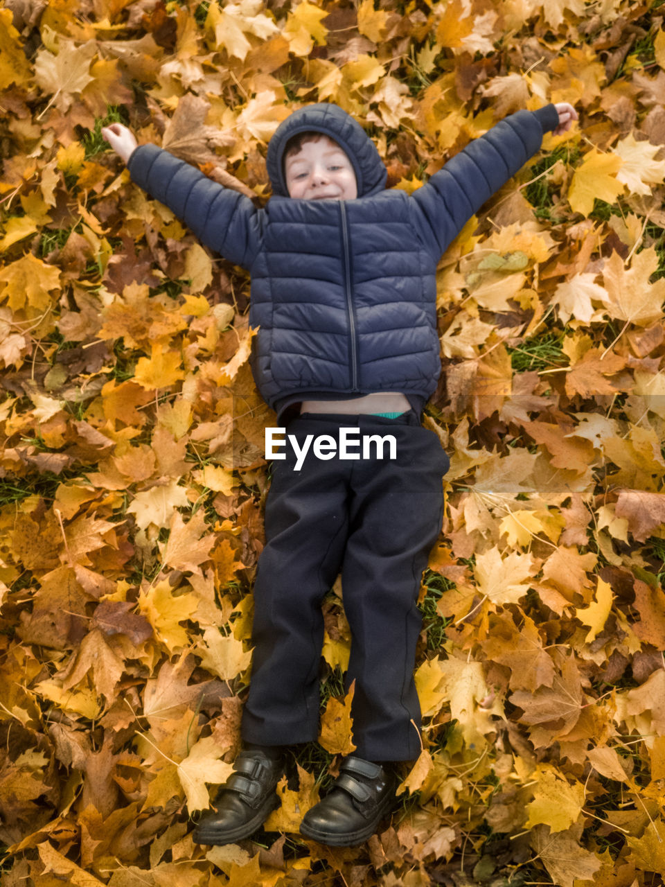 High angle view of boy lying on autumn leaves