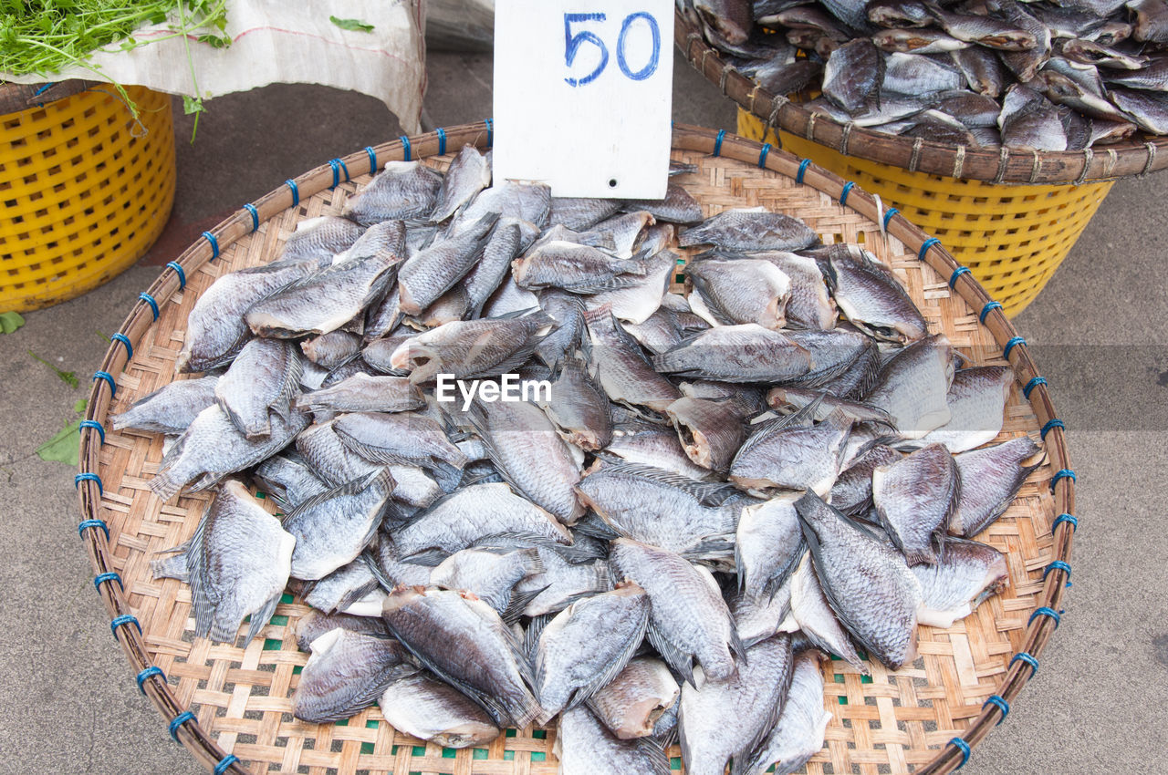 HIGH ANGLE VIEW OF FISH FOR SALE AT MARKET STALL