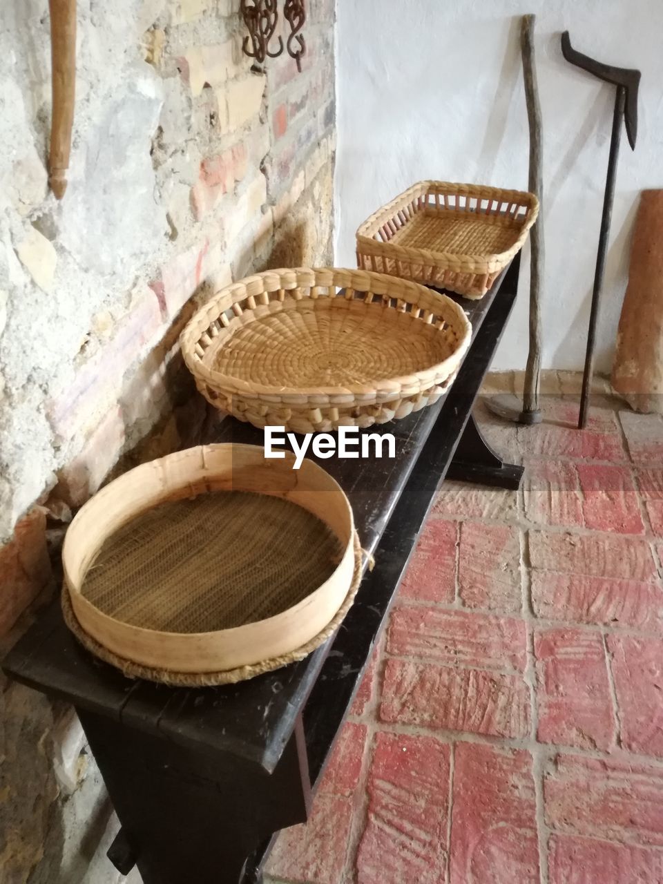 High angle view of wicker baskets on table