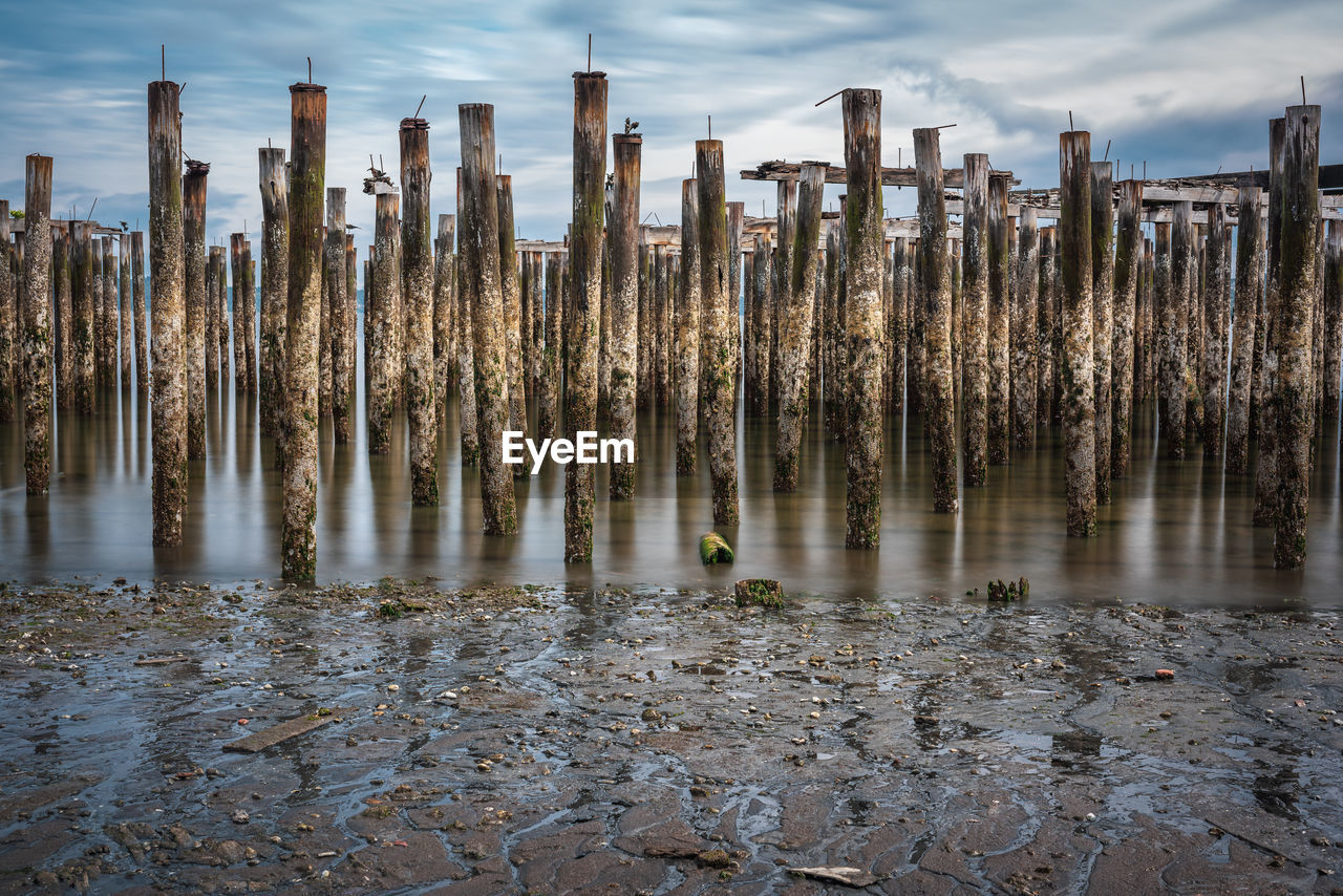 Panoramic shot of wooden posts in sea against sky