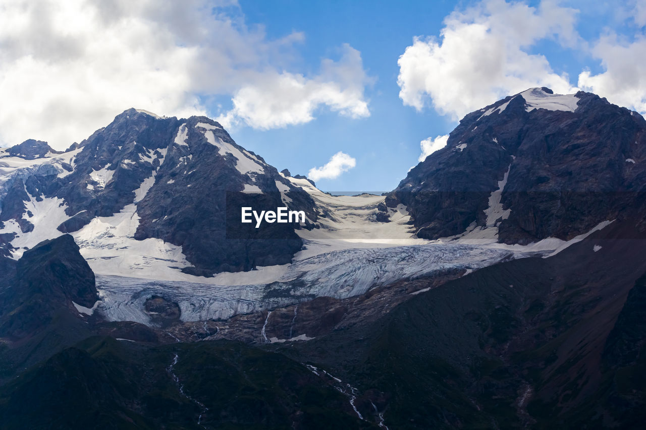 Landscape of snow-capped mountains and rocks