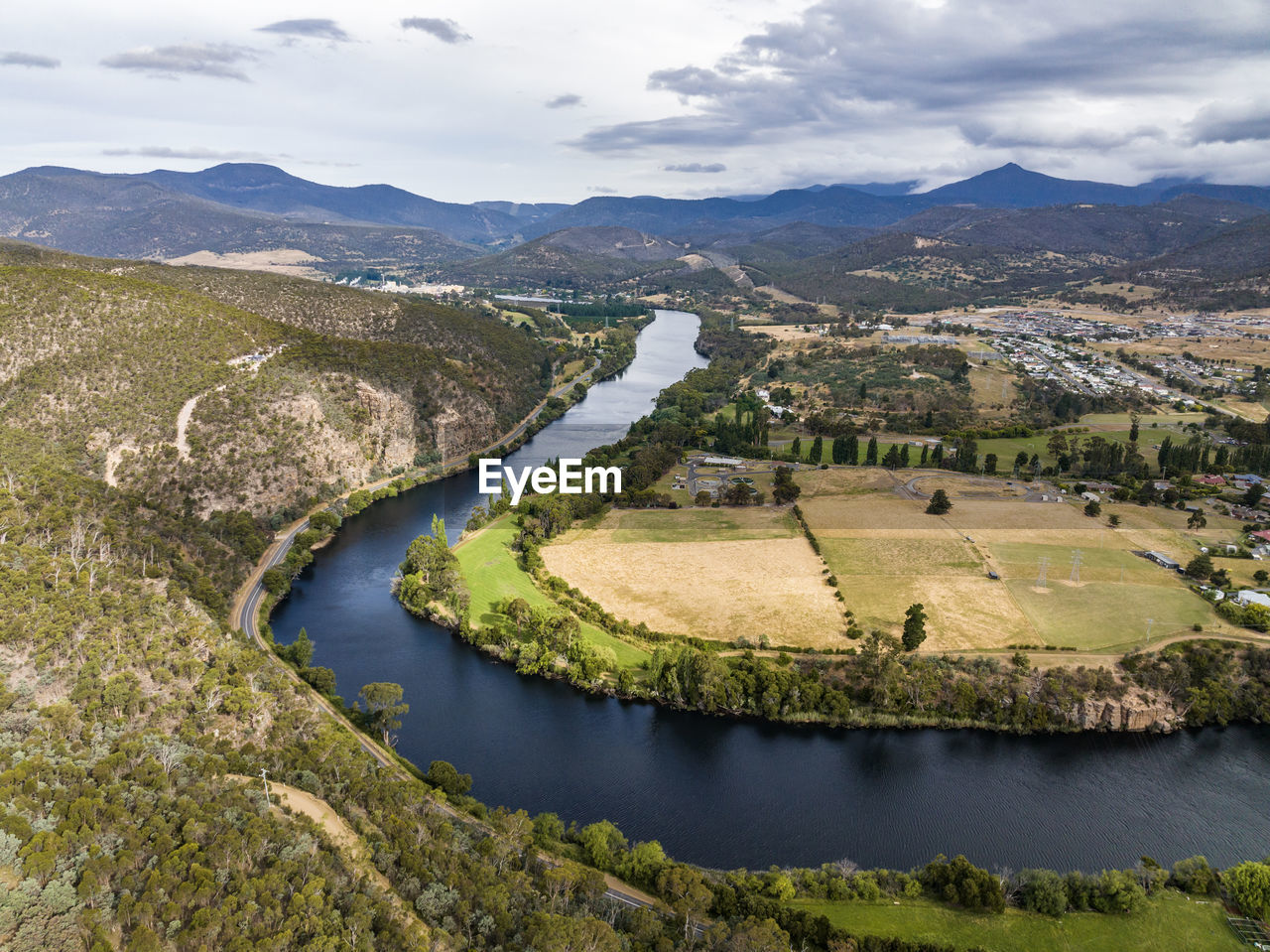 Aerial drone view of river derwent, one of the major rivers on the island of tasmania, australia
