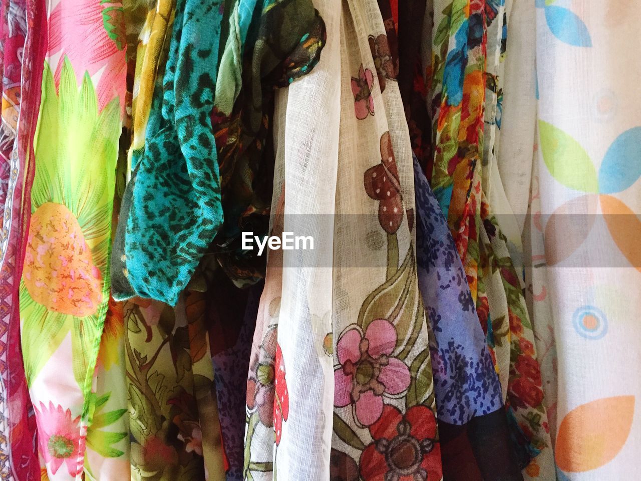Full frame shot of colorful scarves hanging
