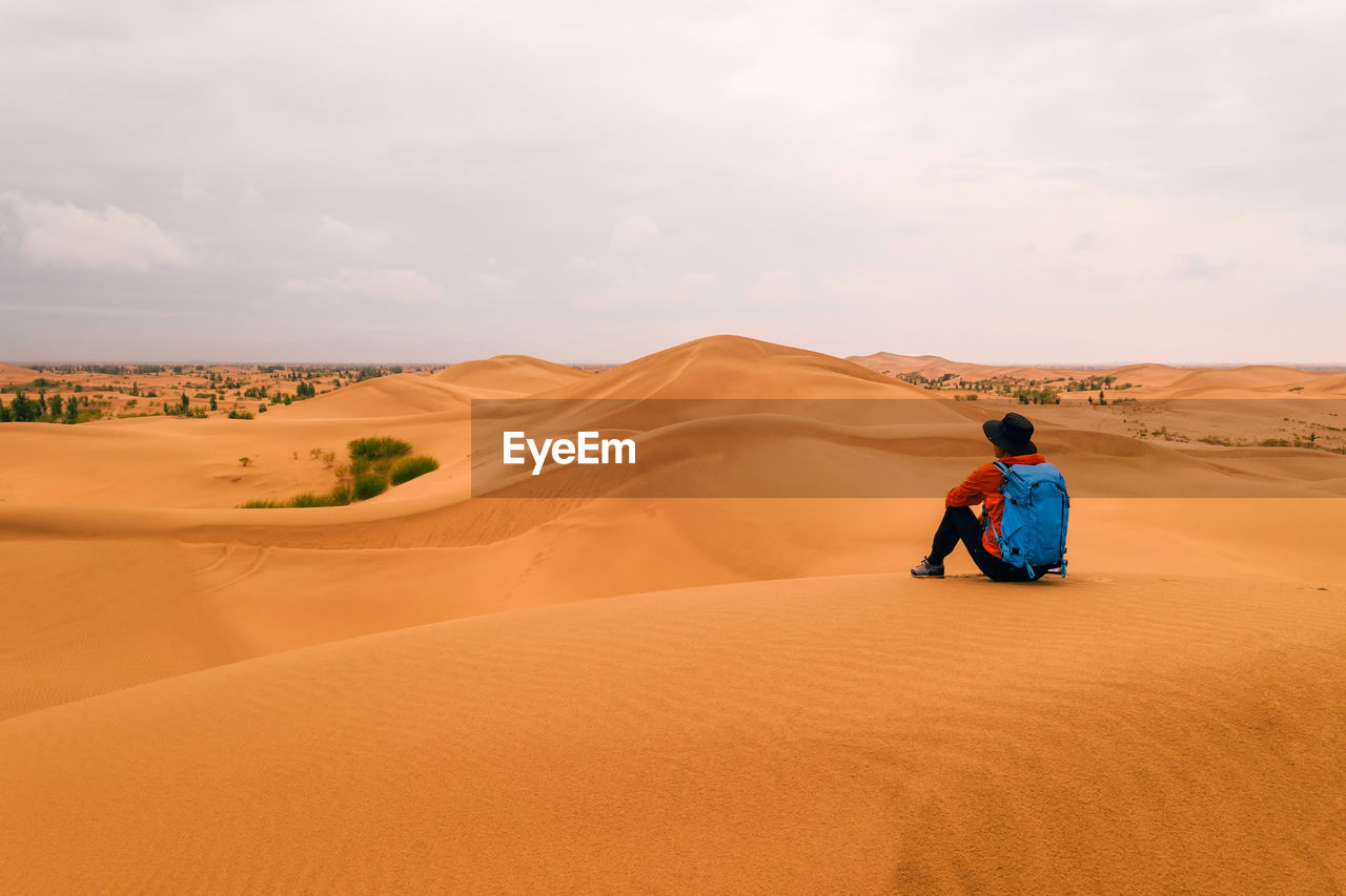 Rear view of man sitting on sand at desert