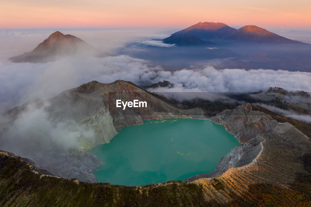 View of volcanic mountain at sunset