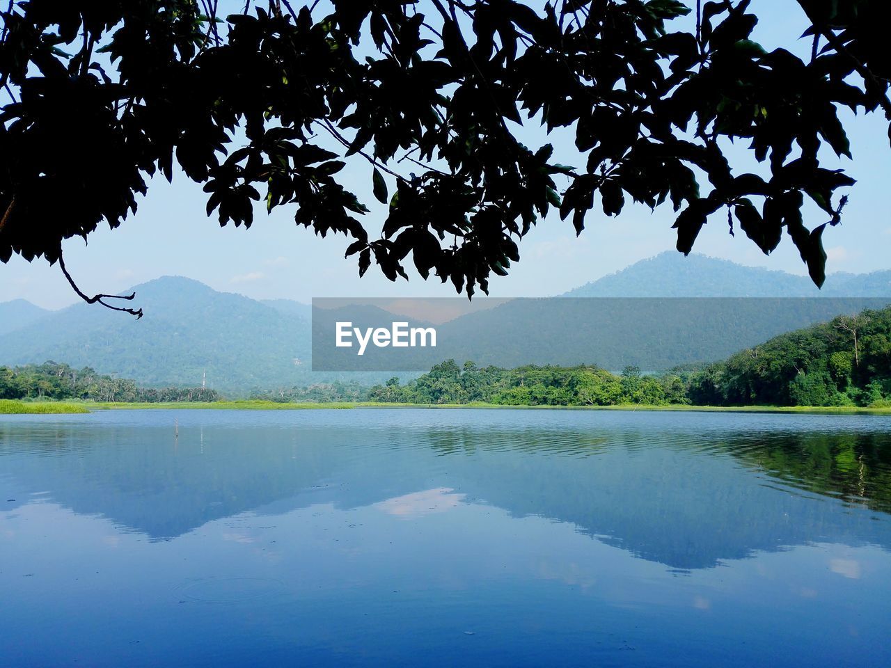 SCENIC VIEW OF LAKE BY TREE MOUNTAIN AGAINST SKY