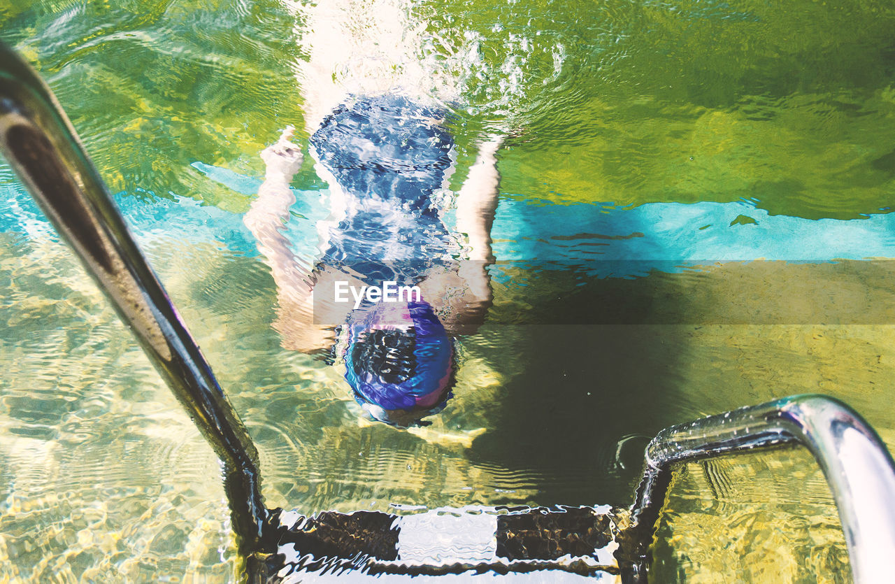 High angle view of women swimming underwater