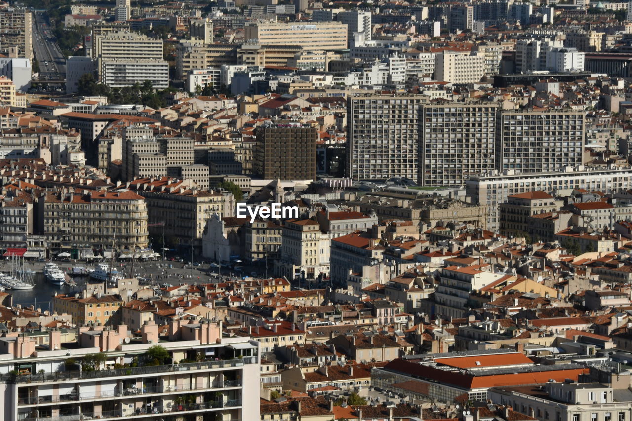 High angle view of buildings in city