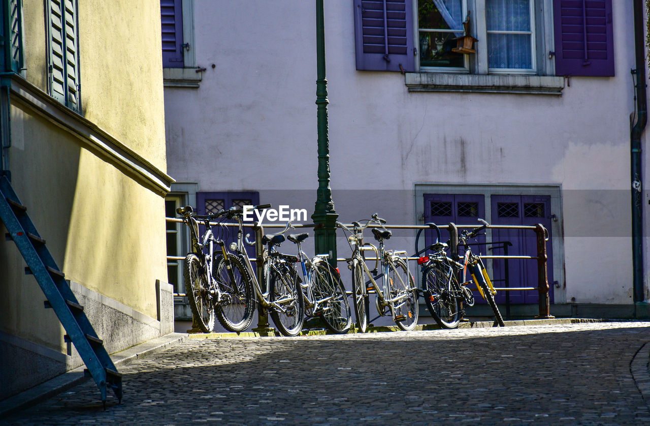 BICYCLE PARKED AGAINST BUILDING