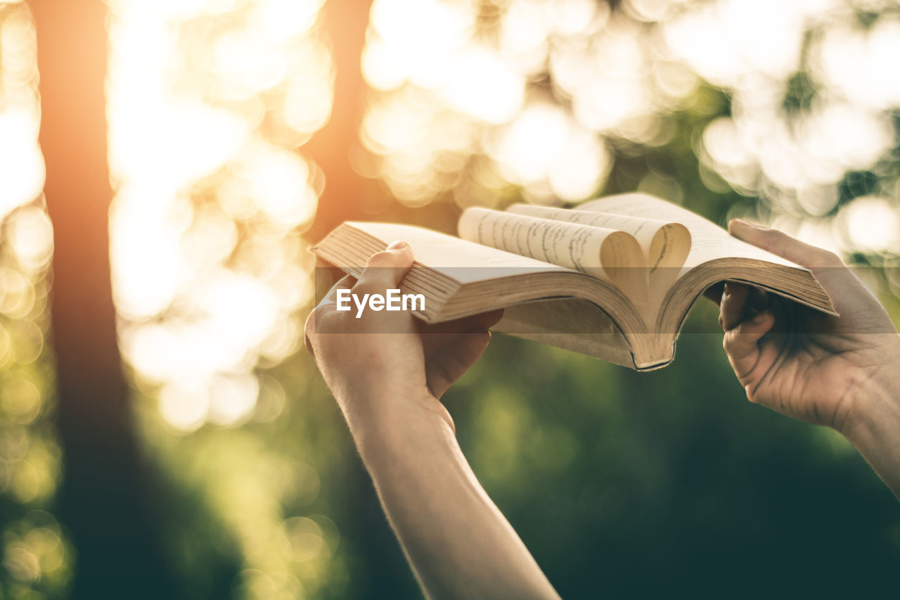 Cropped hands of woman holding book with heart shape pages in park during sunset