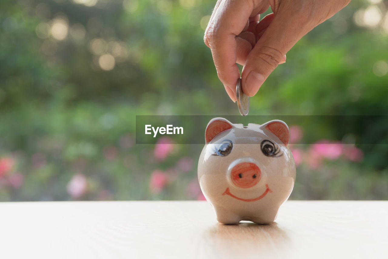 Close-up of person inserting coin in piggy bank on table