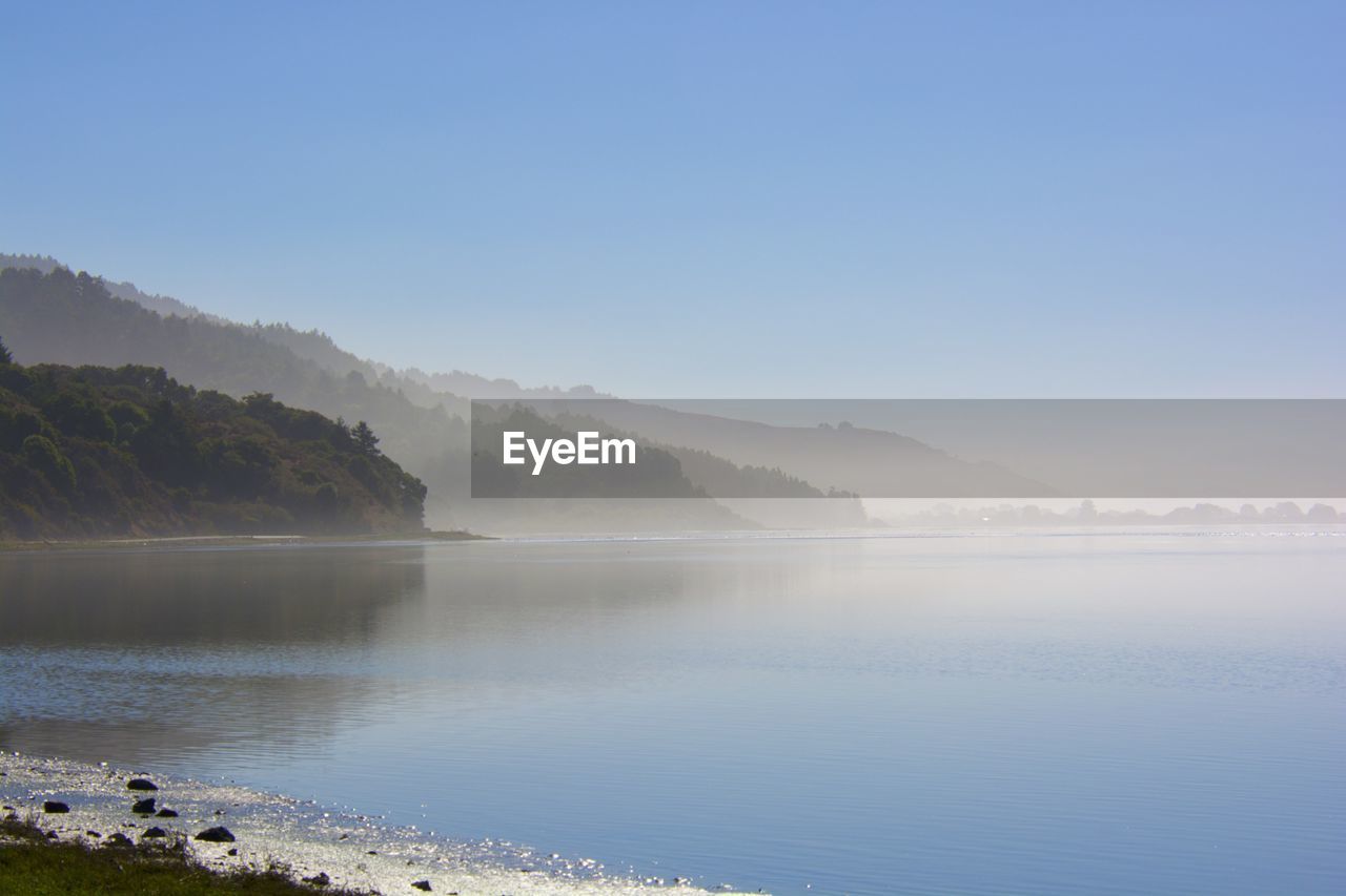 Scenic view of sea and mountains against clear sky