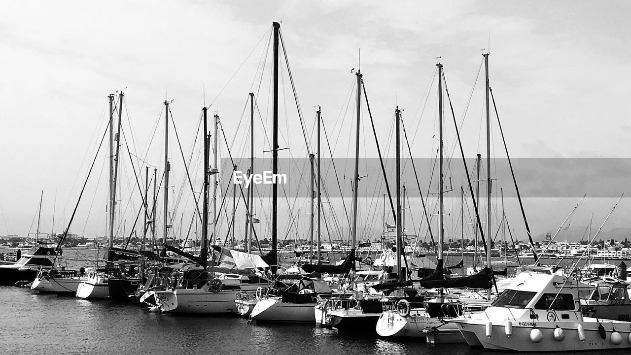 Sailboats moored in harbor against sky