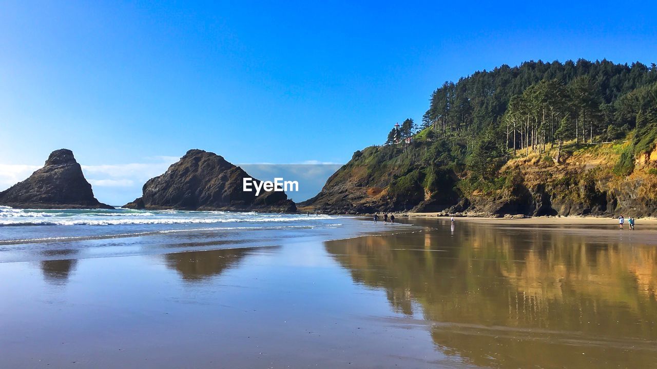 Scenic view of sea and mountains against clear blue sky