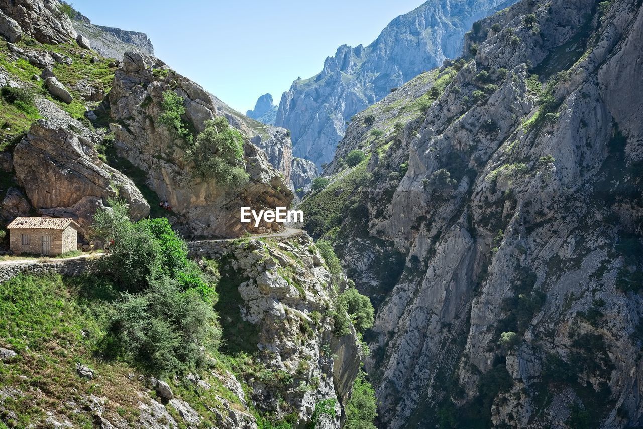 PANORAMIC VIEW OF MOUNTAIN RANGE AGAINST CLEAR SKY