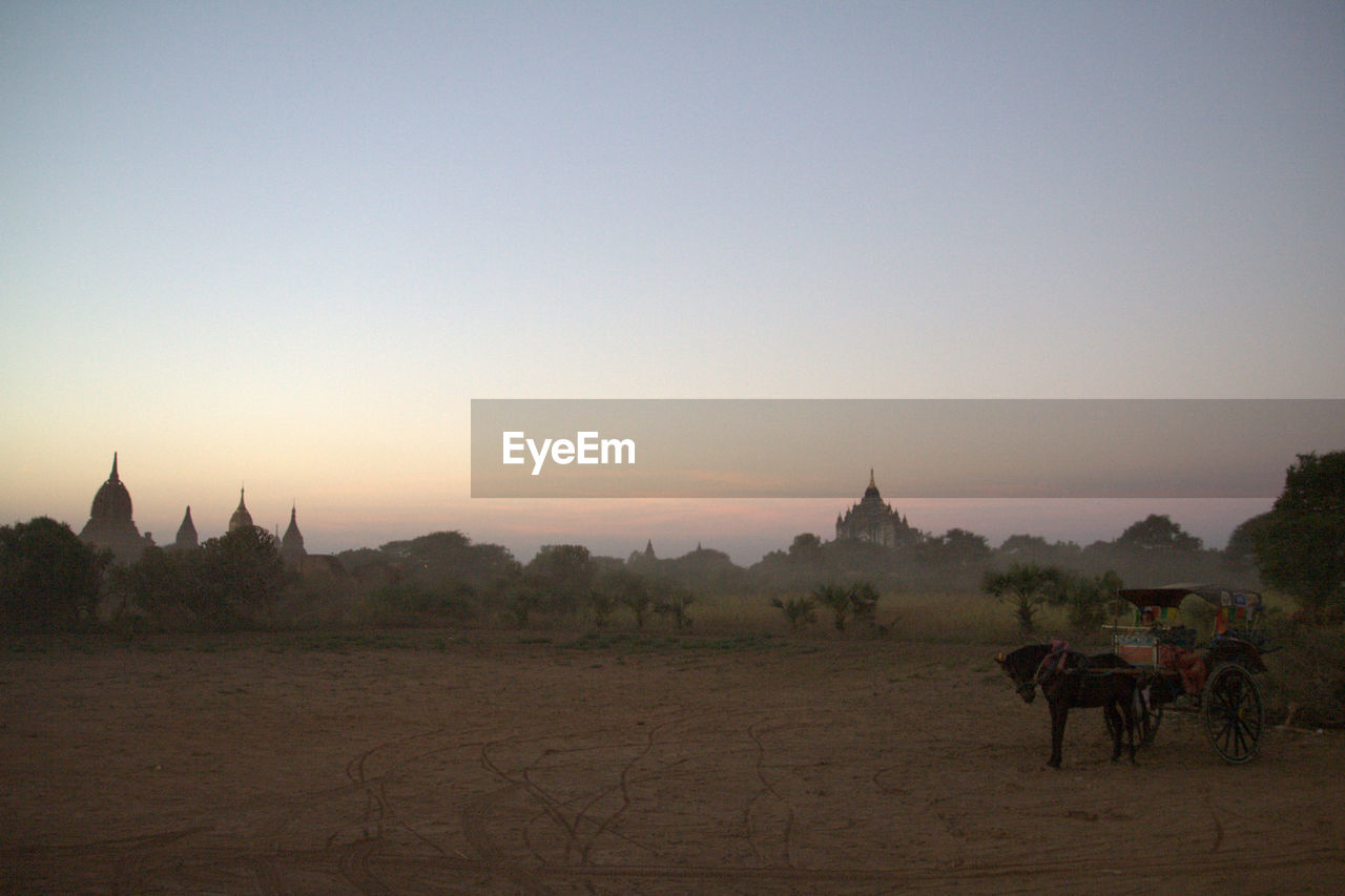 Horse cart at bagan archaeological zone against sky during sunset