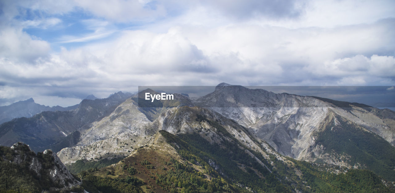 Scenic view of mountains against cloudy sky