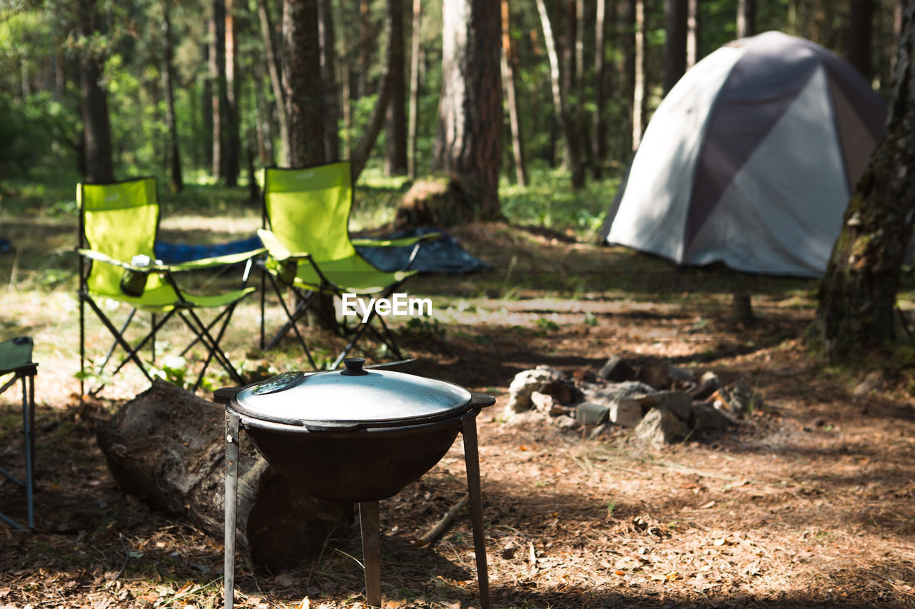 camping, nature, backyard, forest, tree, land, plant, chair, seat, woodland, no people, absence, day, tent, sunlight, summer, outdoors, green, tranquility, food and drink, table, household equipment, vacation, trip, tree trunk, leaf, relaxation, holiday, environment, trunk, food, beauty in nature, tranquil scene