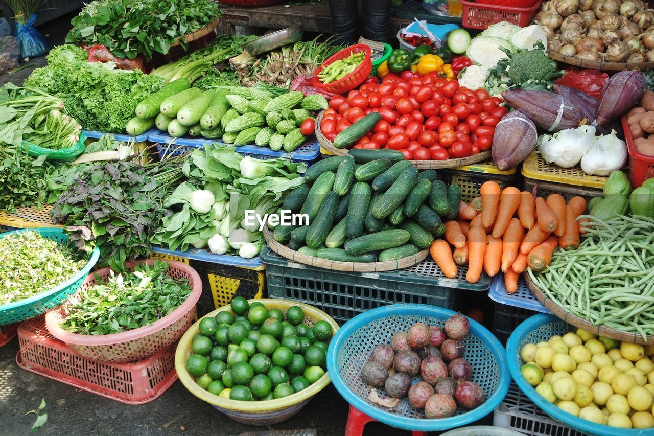 High angle view of vegetables for sale in market