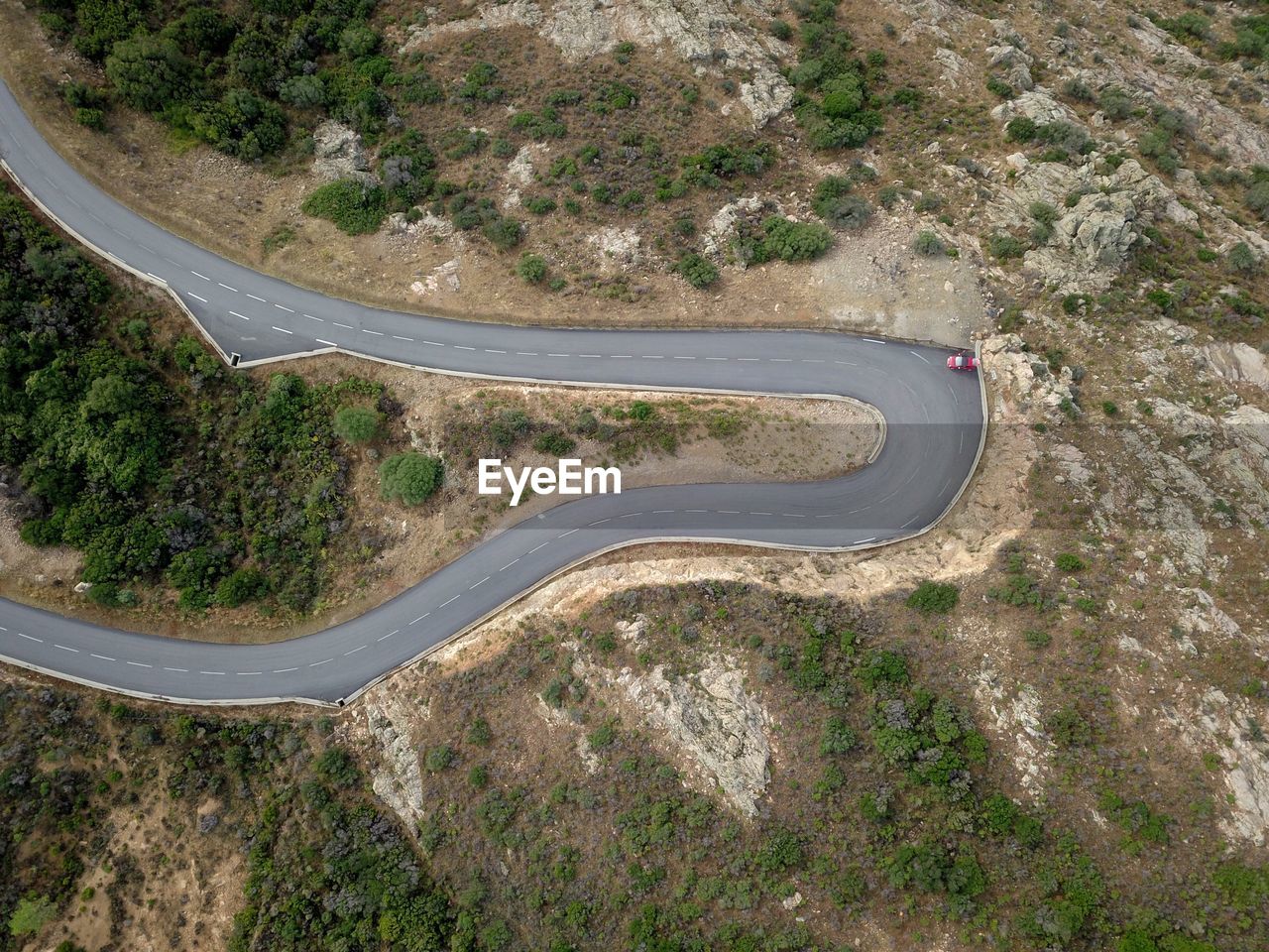 High angle view of vehicles on road amidst trees