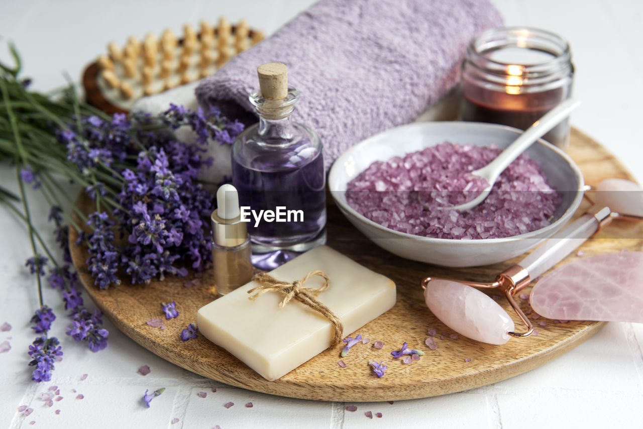 Lavender spa. essential oils, sea salt, towels and handmade soap. 