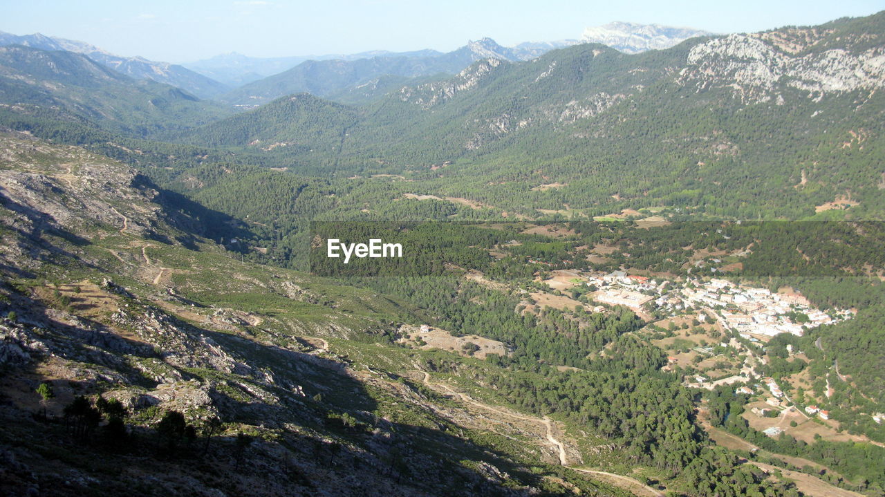 High angle view of mountains against sky