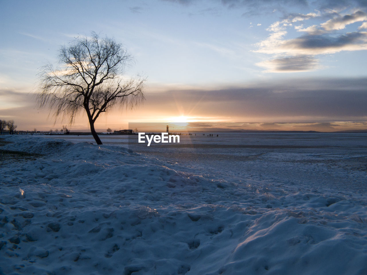 Sun shining over snow covered landscape