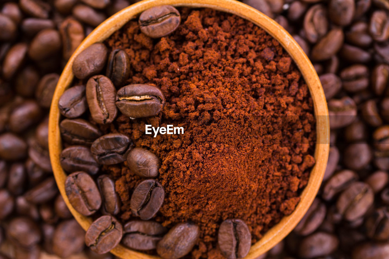 HIGH ANGLE VIEW OF COFFEE BEANS IN CONTAINER