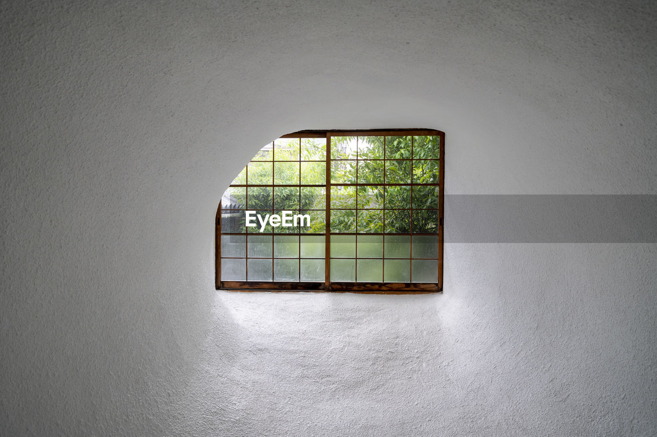 Green garden through window in a white art house