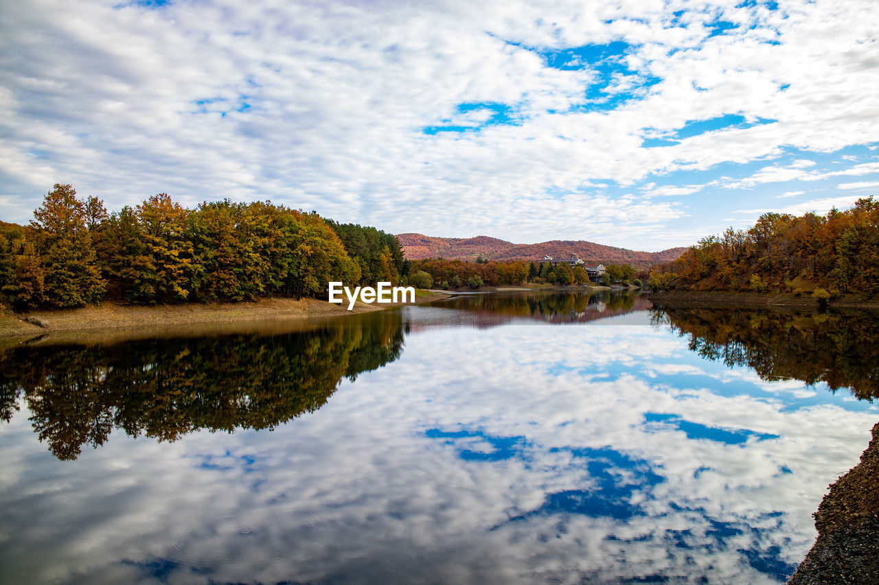 scenic view of lake against cloudy sky