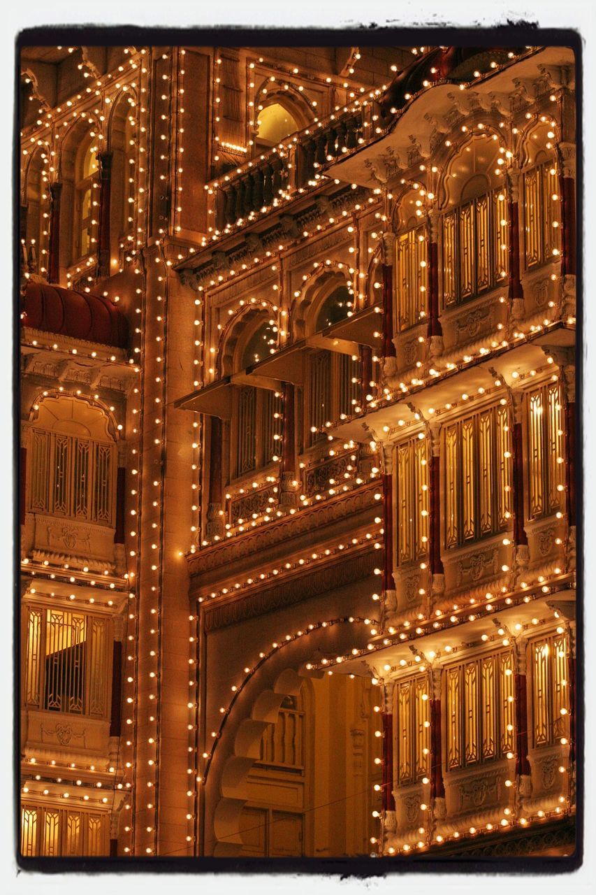 Full frame shot of illuminated historic building at night