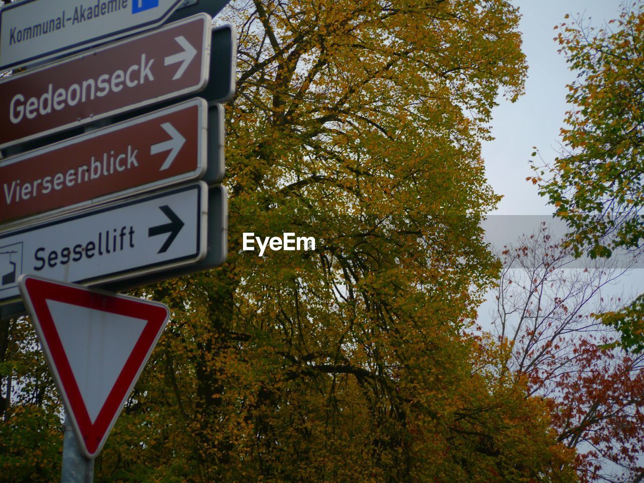 Information signs against autumn trees