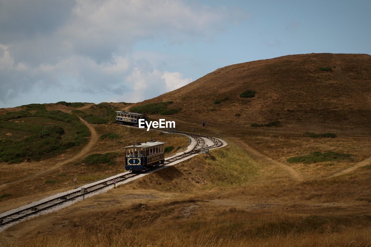 Scenic view of trams amidst field against sky