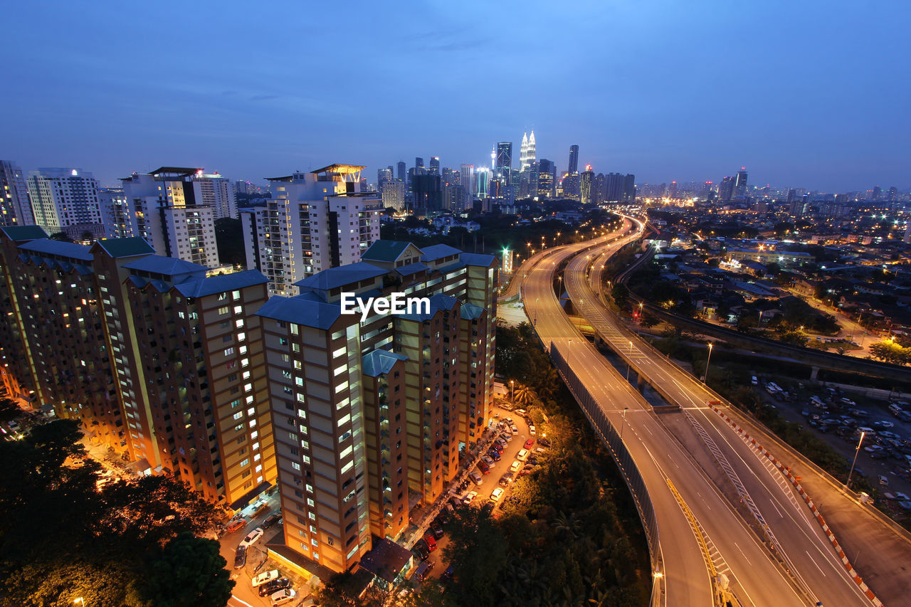 High angle view of illuminated kuala lumpur at night