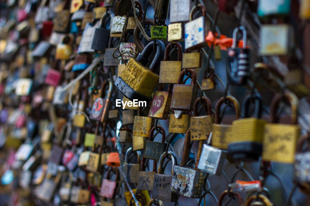 CLOSE-UP OF LOVE PADLOCKS HANGING