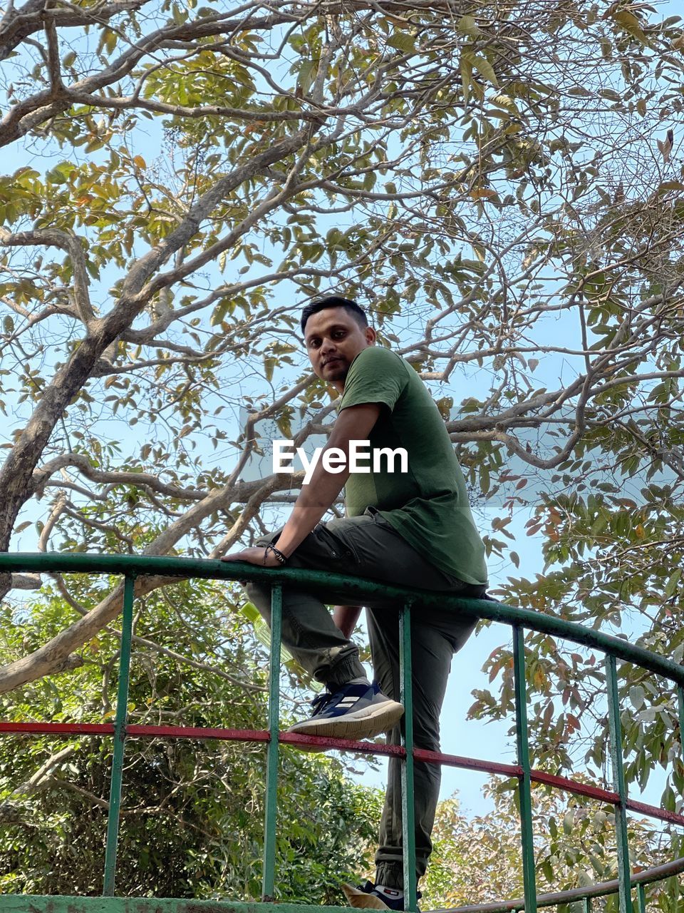 tree, plant, one person, low angle view, day, full length, nature, leisure activity, casual clothing, men, lifestyles, childhood, playground, outdoors, child, branch, sky, growth, climbing